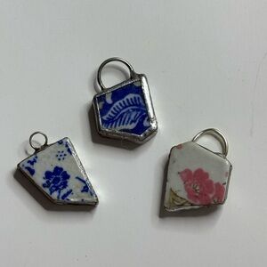 3 broken porcelain tile pendants in silver
